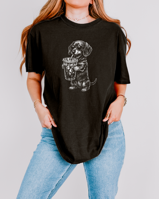 Doxie Drinking Coffee Comfort Colors T-shirt